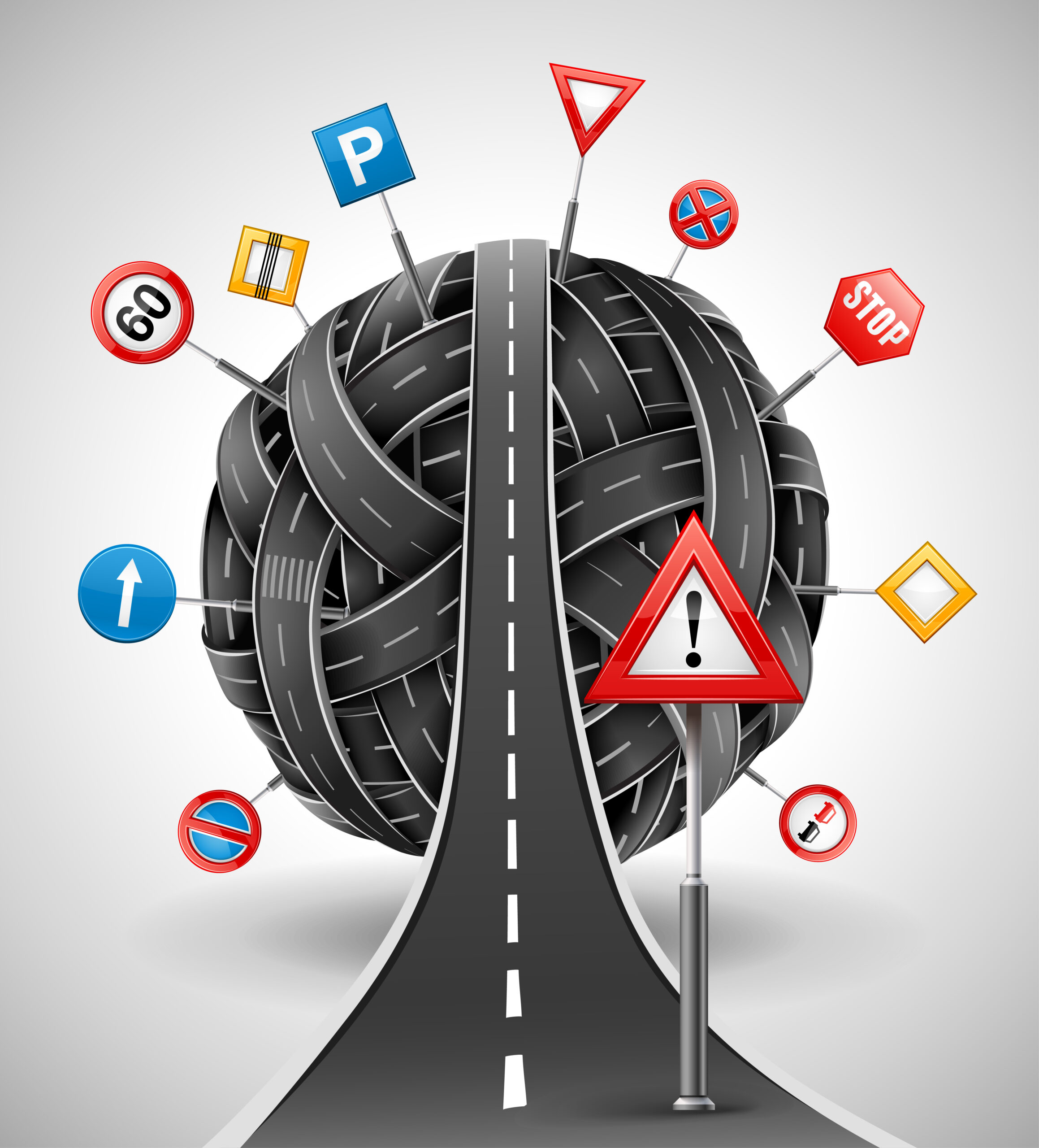 Pathways: tangle ball of roads with signs vector illustration