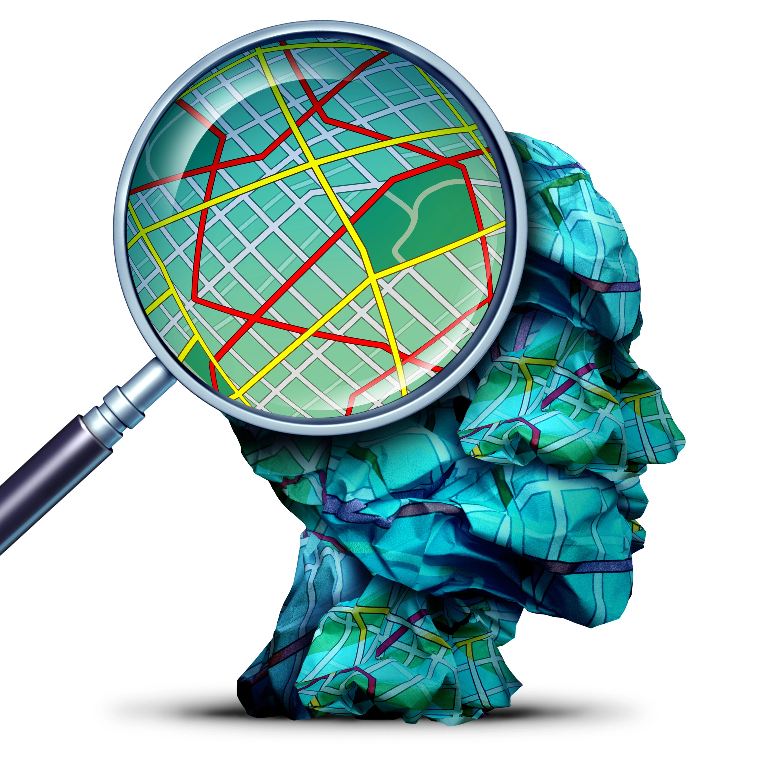 Mind illustration with magnifying glass showing roadmap 