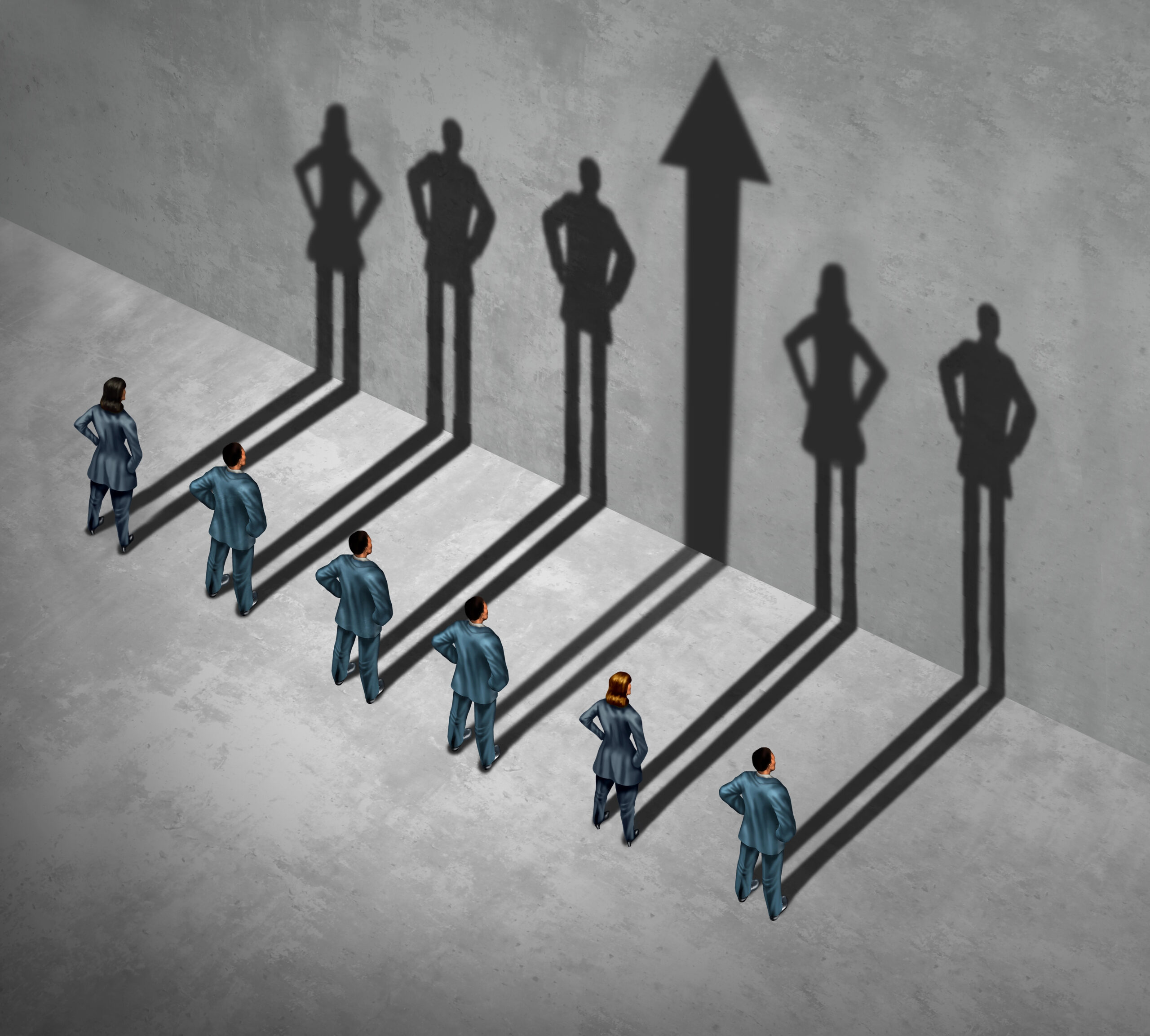 6 people facing wall 5 shadows one leader with an arrow showing a clear direction