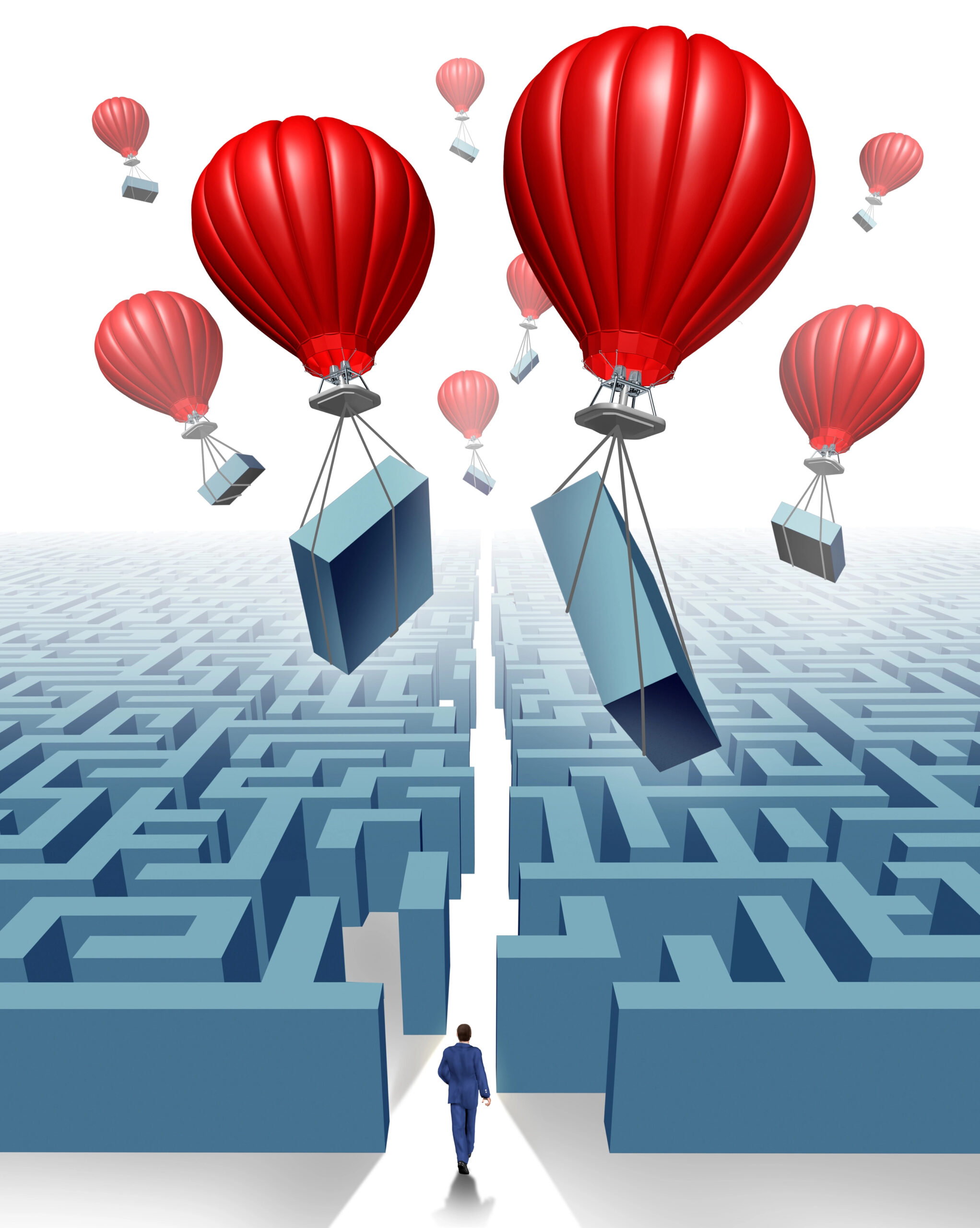 PathForward™ Ecosystem image of air balloons removing obstacles from a maze to clear a path forward. 