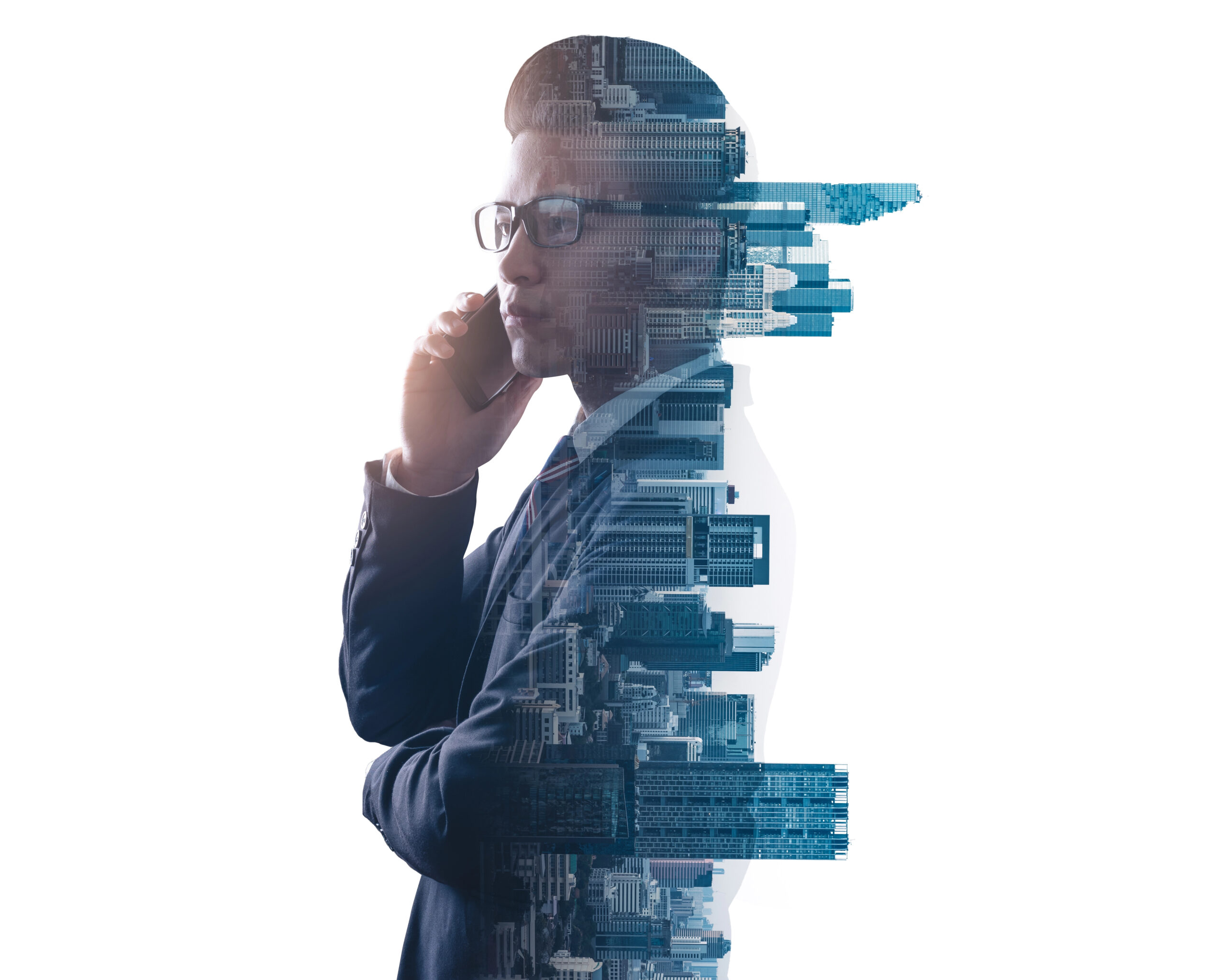PathForward™ Ecosystem man in suit blended together with city landscape