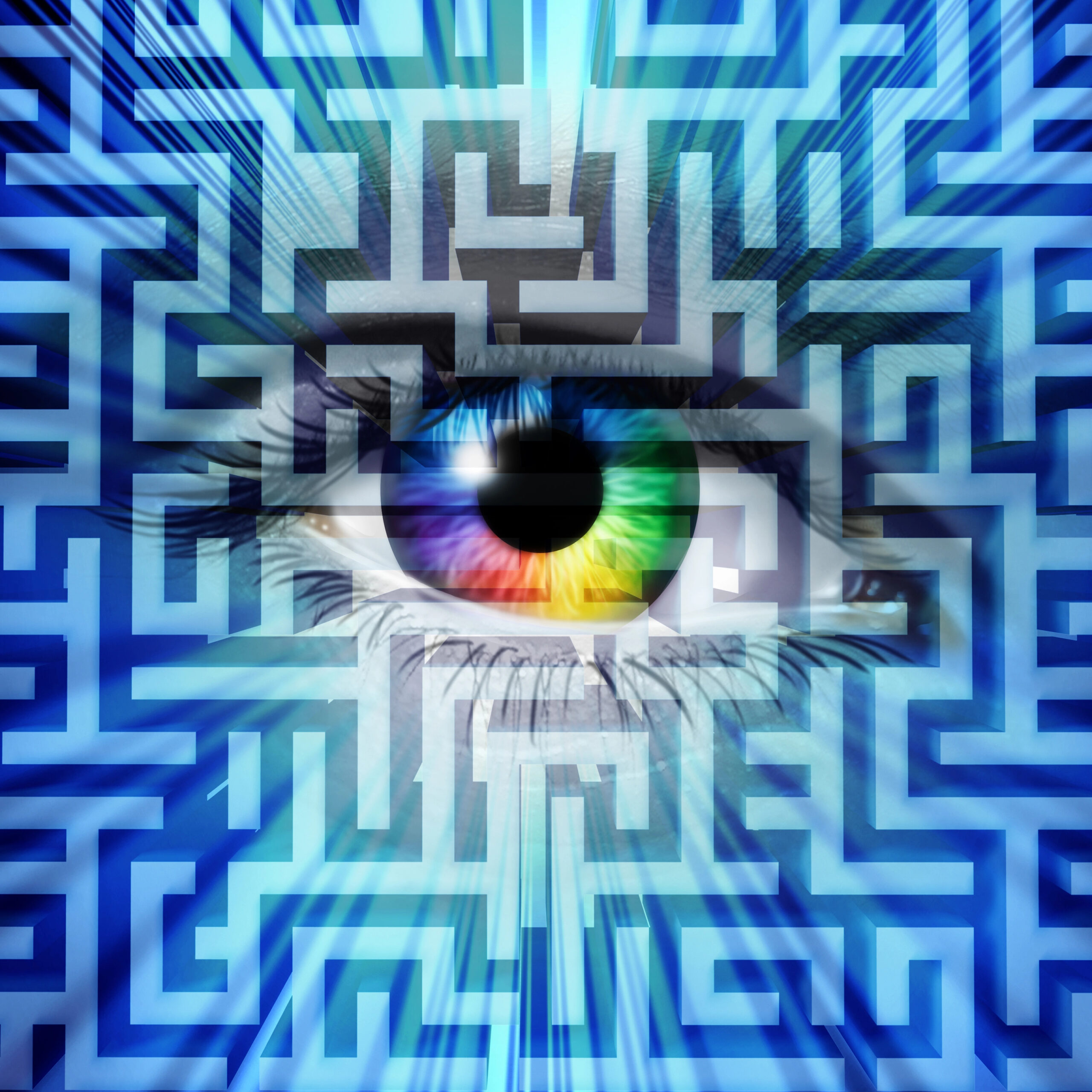 Maze illustration with an eye in the center as in analysis of the situation