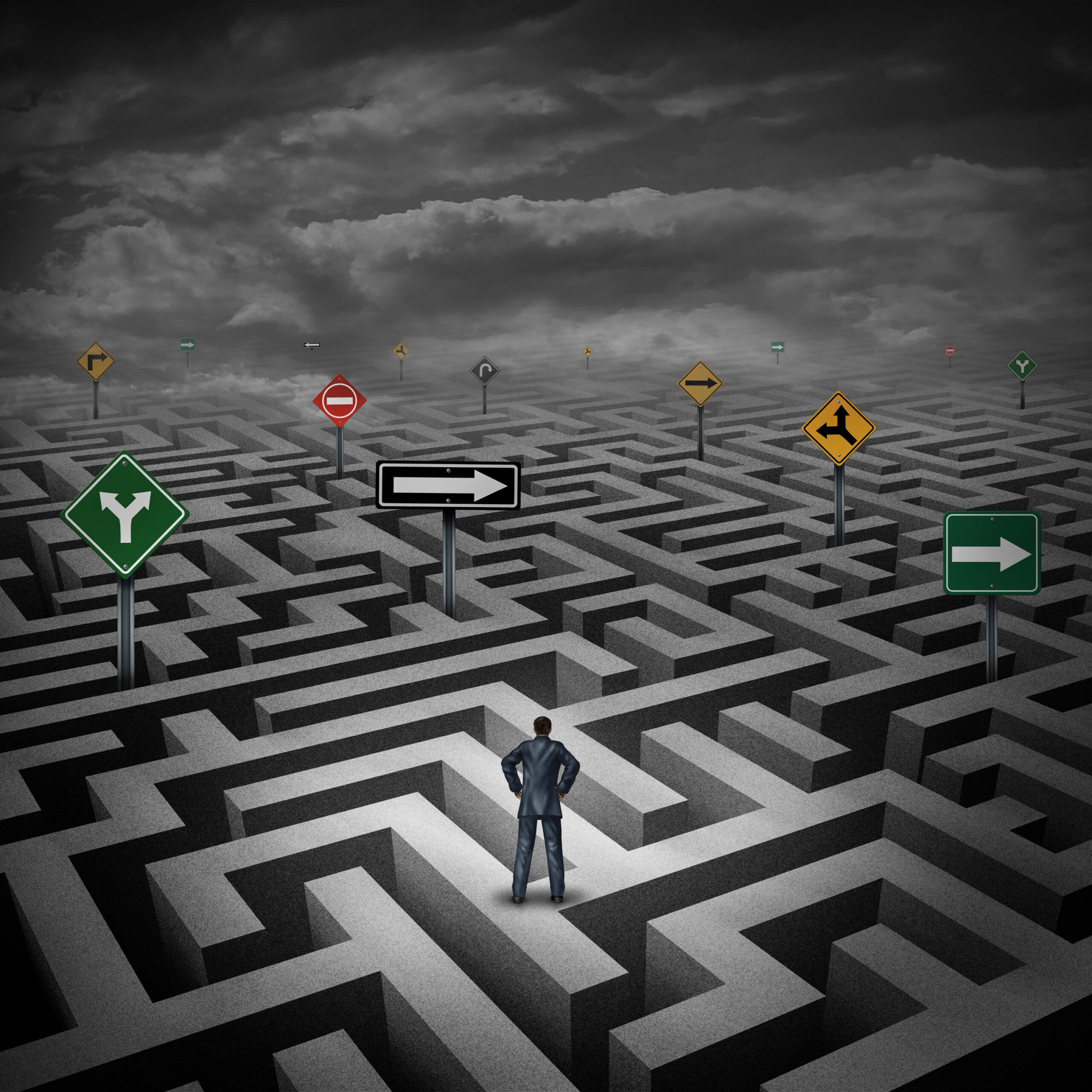Pathways: tangle ball of roads with signs vector illustration