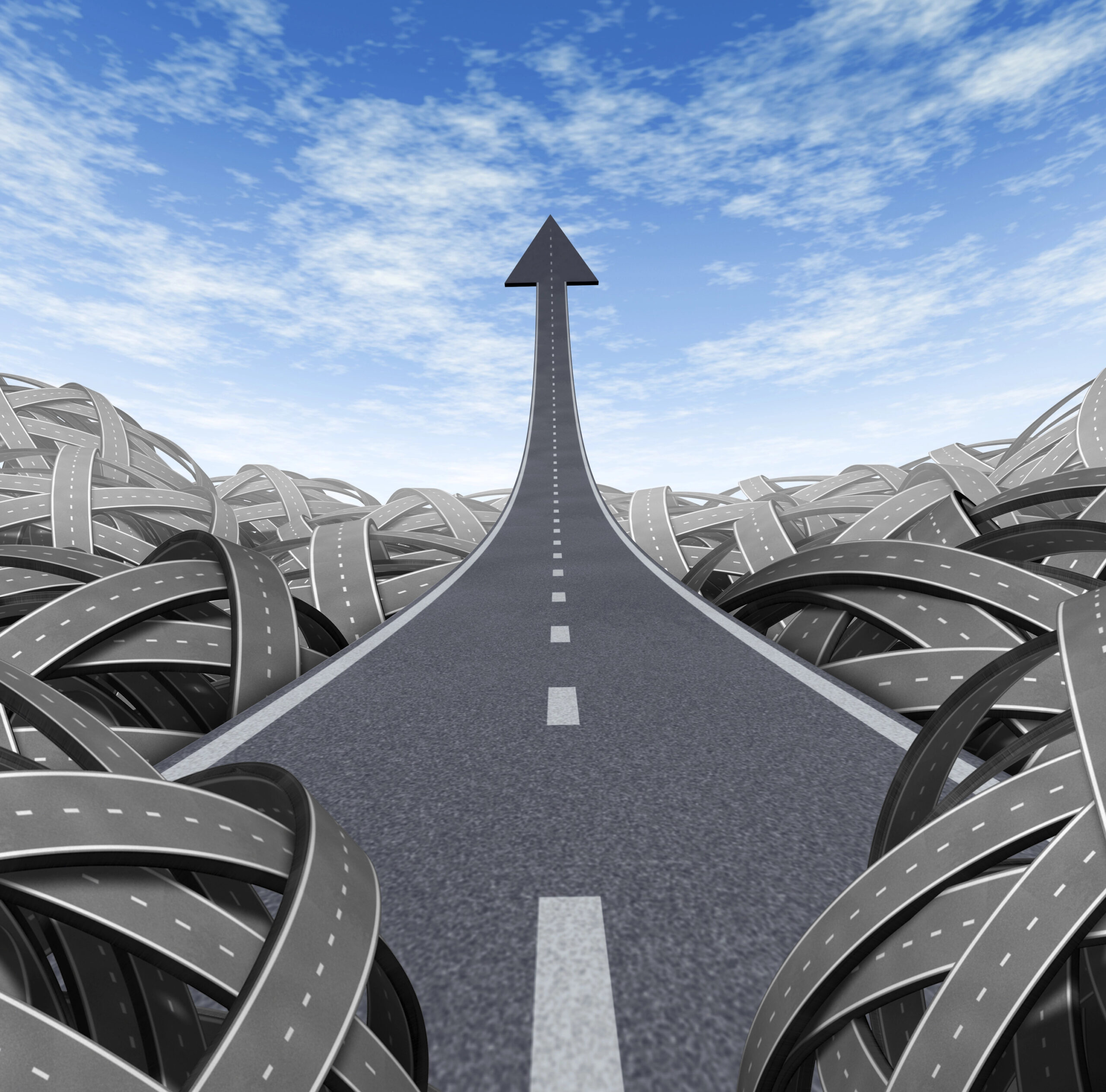 PathForward™ Ecosystem road cutting through jumbled roads with an arrow signifying clear path and growth